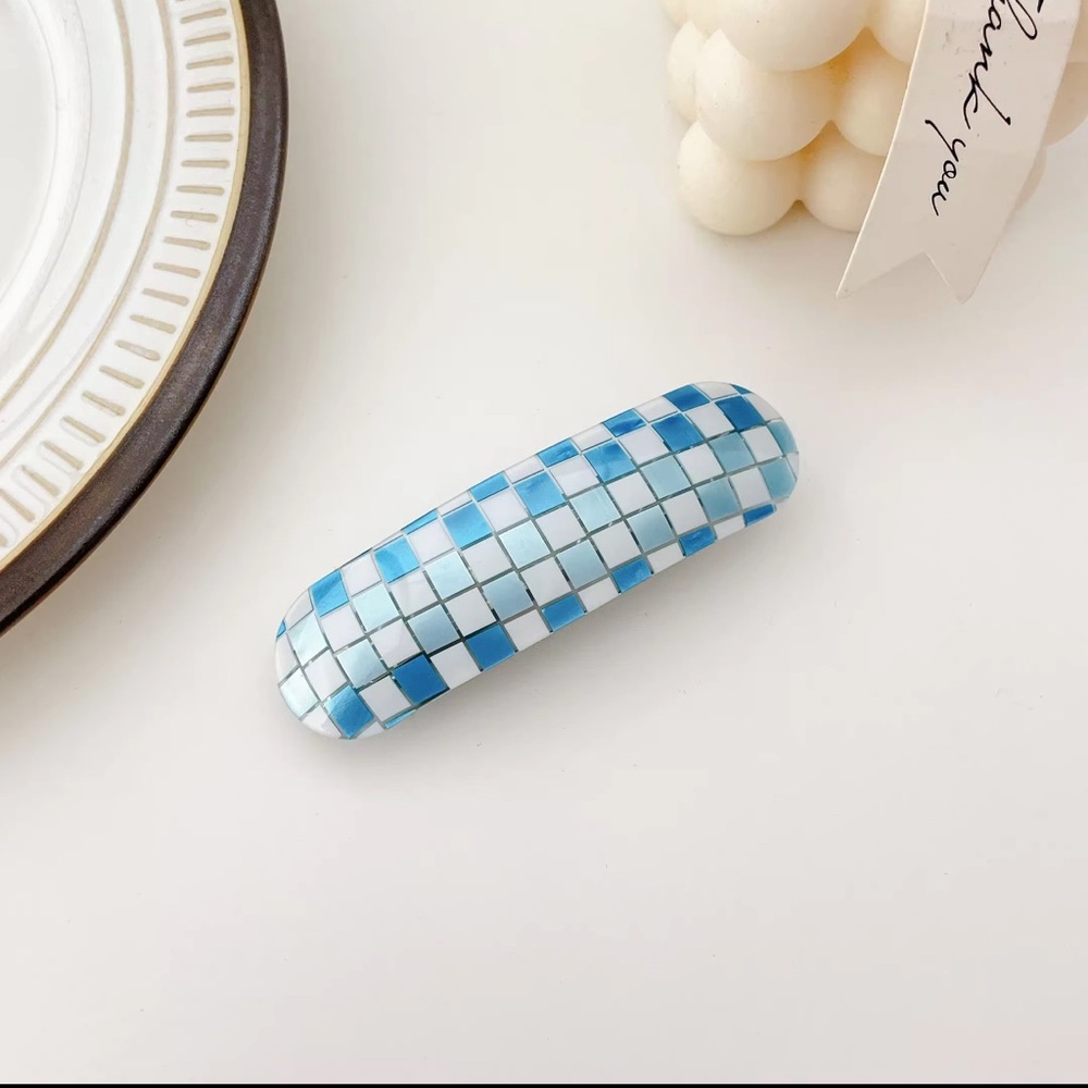 Blue/White Checkered Hair Clip, 3 inch